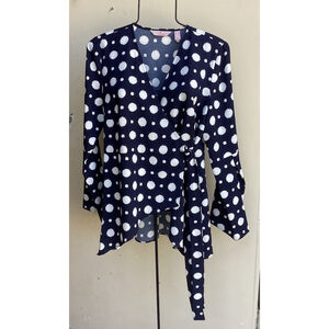 Laurie Felt Navy Blue & White Polka Dot Blouse Wrap Top Womans Sz Small/Med 6-8